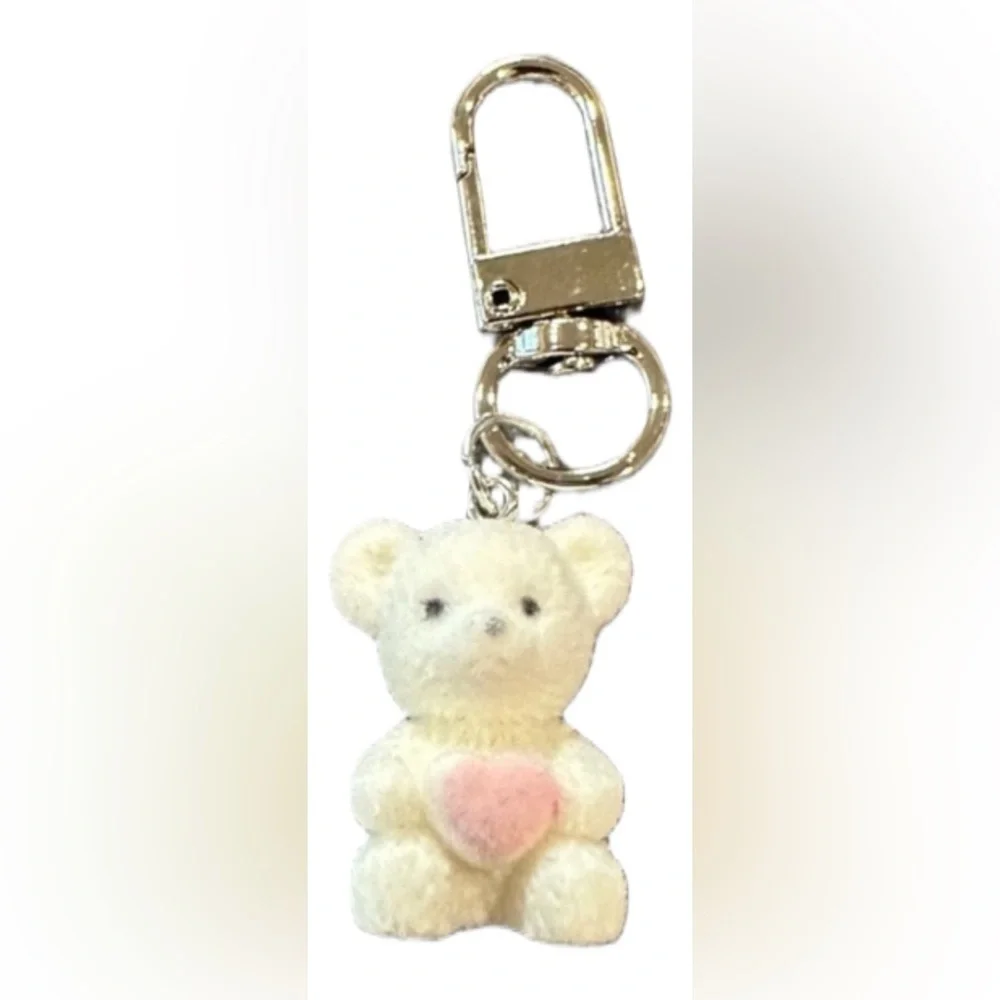 Fuzzy Teddy Bear Bag Charm White Flocked Clip Dangle Backpack Heart Charms
